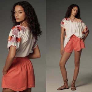Anthropologie  LARGE Coral Drawstring Scallop Hem Shorts **SOLD OUT in stores**